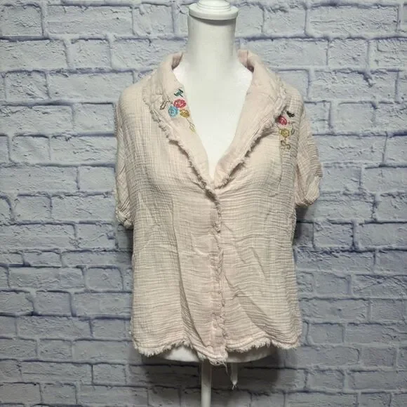 Anthropologie New Romilly Top Button-up Collared Women Size M Pink Embroidery - Picture 5 of 14